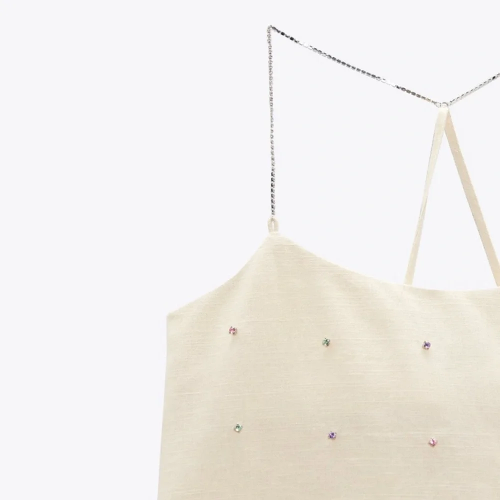 Zara Cream Jewel Appliqué Linen Blend  Top - Picture 6 of 7